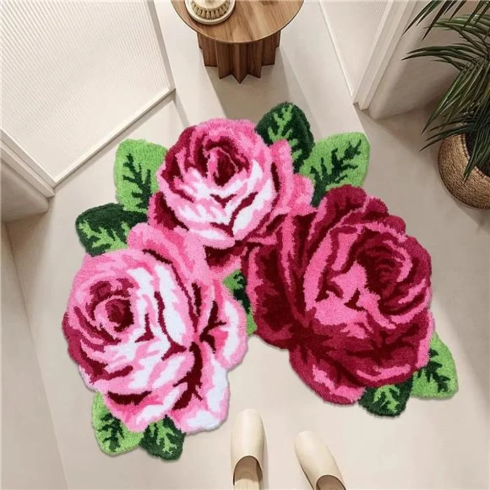 Rose Shaped Rug Pink Luxury Shaggy Toilet Bath Mat Non-Slip Machine-Washable